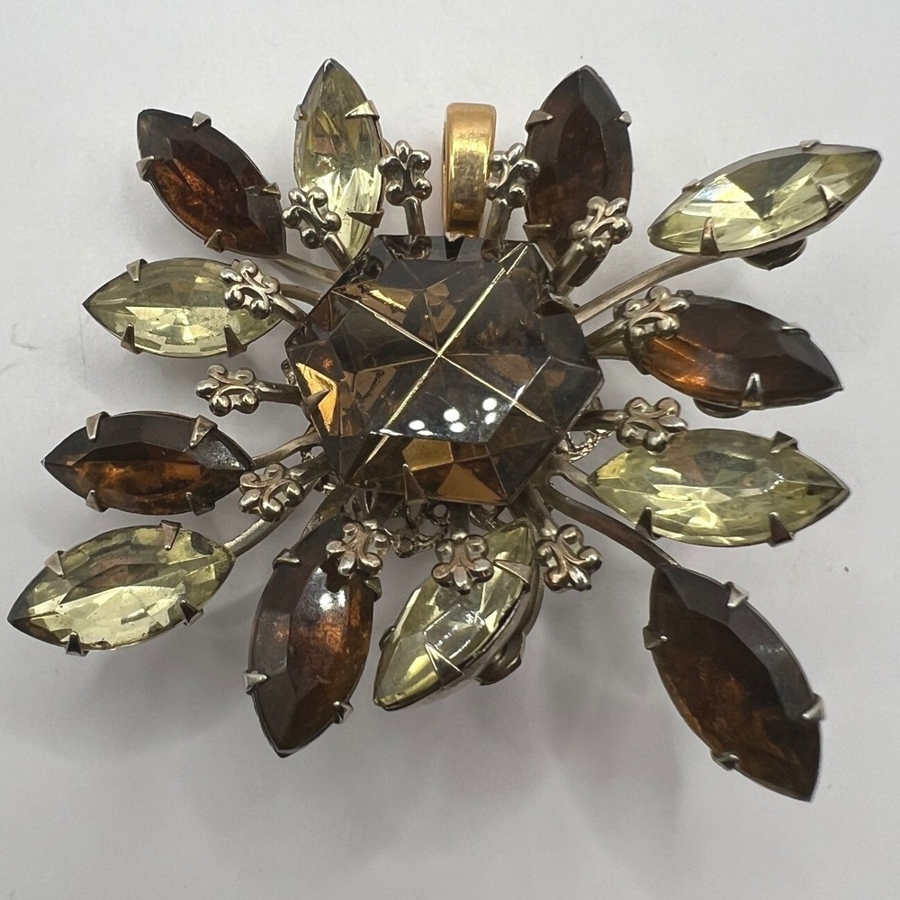 Vintage Rhinestone Brooch Brown and Green Stone Pin Pendant